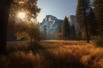 Photo sur Plexiglas Half Dome Majestic Half Dome in Yosemite Valley, California, with golden sunset., generative IA