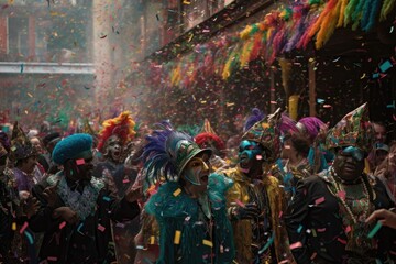 Colorful crowd in vibrant carnival, with unique masks and costumes. Contagious rhythms and confetti in the air., generative IA