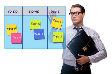 Businessman working on kanban board with tasks