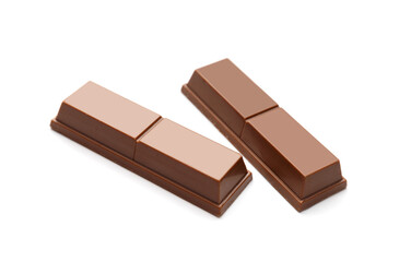 Crispy chocolate bars with waffles and caramel isolated on white background.