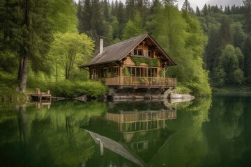 Fototapeta na wymiar Picturesque house on the shores of a serene lake., generative IA