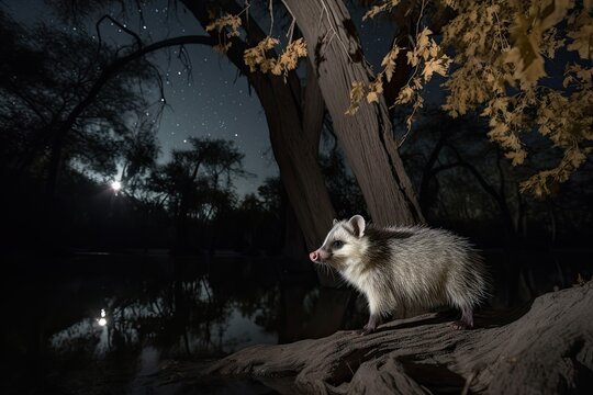 Nocturnal possum on a trail under a full moon., generative IA
