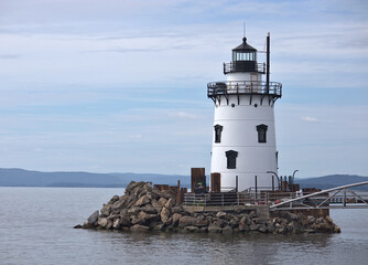 sleepy hollow lighthouse (tarrytown, tappan zee) in the hudson river (mario cuomo bridge) white...