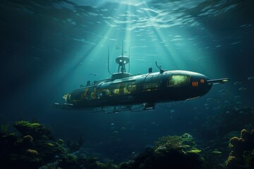 Naklejka na ściany i meble Small submarine under water with sun rays and beautiful seascape
