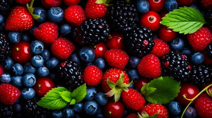 Obraz na płótnie Canvas Raspberry,blackberry,blueberry,strawberry and leaves top view background.Generative AI