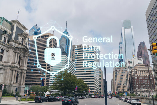 Summer day time cityscape of Philadelphia financial downtown, Pennsylvania, USA. City Hall neighborhood. GDPR hologram, concept of data protection regulation and privacy for all individuals in EU Area