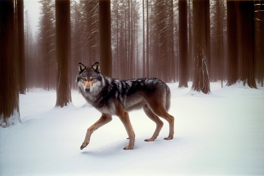 A Wolf Walking Through A Snow Covered Forest