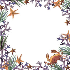 Decorative frame crab, shells, mollusks, algae, starfish, corals, anchor.Watercolor illustration isolated on white background, handmade. Seascape suitable for your design, actual marine design. 