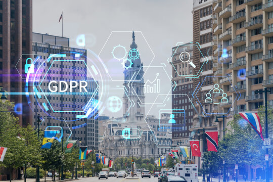 Summer day time cityscape of Philadelphia financial downtown, Pennsylvania, USA. City Hall neighborhood. GDPR hologram, concept of data protection regulation and privacy for all individuals in EU Area