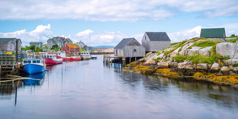 Peggy's Cove Seascape with moored boats and weathered seaside sh