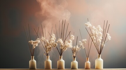Incense sticks on a stand burn with smoke, an expensive aroma in the house, decoration and aromatization of the room with cinnamon and cloves on a light background. Concept: meditation and relaxation