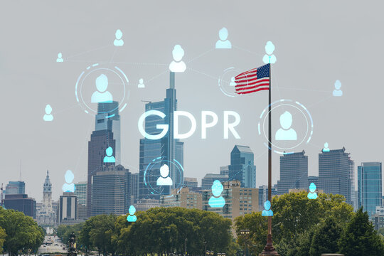 Summer day time cityscape of Philadelphia financial downtown, Pennsylvania, USA. City Hall neighborhood. GDPR hologram, concept of data protection regulation and privacy for all individuals in EU Area