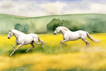 Obraz na płótnie Canvas Two White Horses Running In A Field Of Yellow Flowers