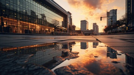 Naklejka premium A puddle of water in front of a building. Generative AI.