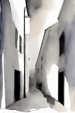 A Black And White Photo Of A Narrow Street