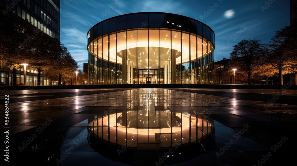 Aufkleber a reflection of a building in a puddle of water. generative ai.
