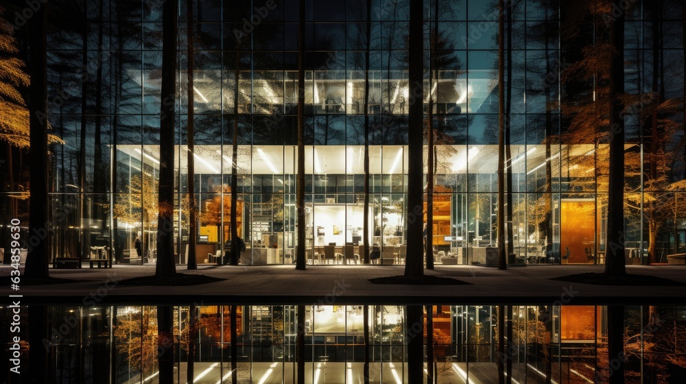 Poster a glass building with a reflection in the water. generative ai.