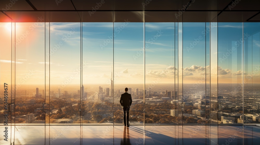 Poster a man standing in front of a large window overlooking a city. generative ai.