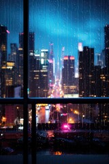 A view of a city at night through a window. Generative AI.