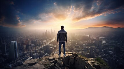 Fototapeta premium A man standing on top of a mountain overlooking a city. Generative AI.