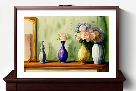 A Painting Of Three Vases And A Mirror On A Shelf