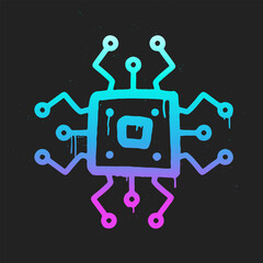 AI Neon Graffiti. Processor Chip. Artificial Intelligence in Urban Street Style. Trendy Y2K clipart. Splash effects and drops. Grunge and spray texture.