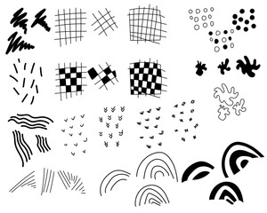 Set of decorative doodle elements for creativity, different shapes and combinations of simple lines and dots