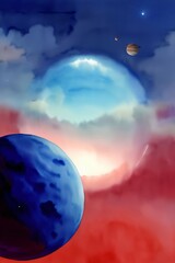 A Painting Of Two Planets In The Sky