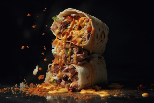 Burrito wrap or shawarma with chicken and vegetables with dipping sauce. Doner kebab.