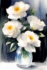 A Painting Of White Flowers In A Glass Vase