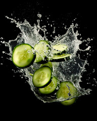 Cucumber slices in a water splash. Freshness and delicious vegetable. Isolated on black background.