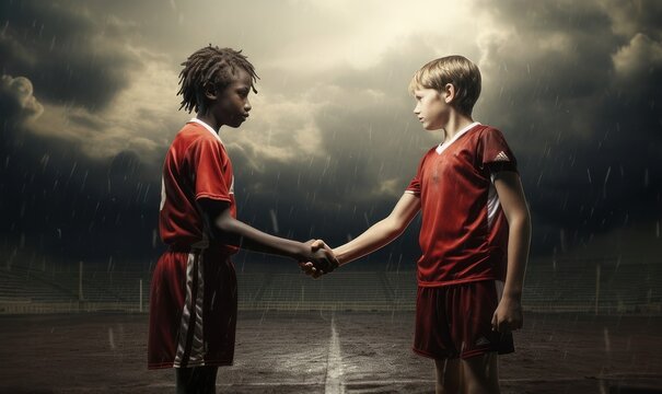 Two boys shaking hands on stadium background, as a concept of importance of sportsmanship and fair play, showcasing athletes displaying respect, camaraderie, and good sportsmanship 