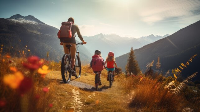 Ai generative image of Family Mom, Dad and kids on a bike ride in a mountainous area. tourists