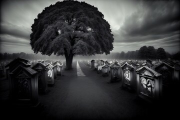 A Black And White Photo Of A Tree In A Cemetery