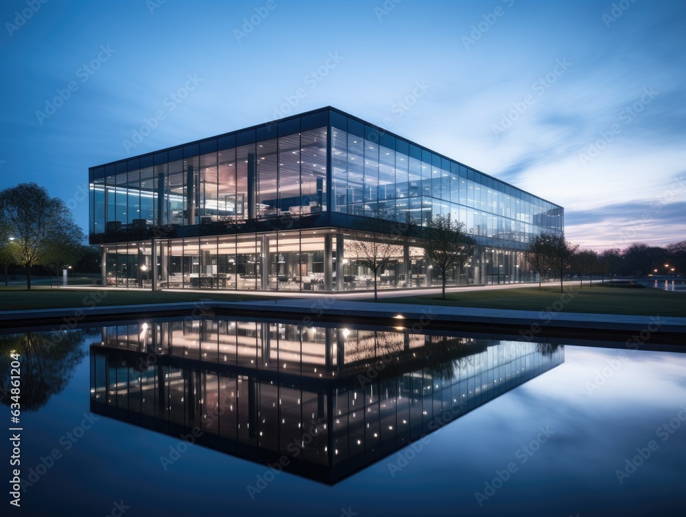 Poster a large glass building with a reflection in the water. generative ai.
