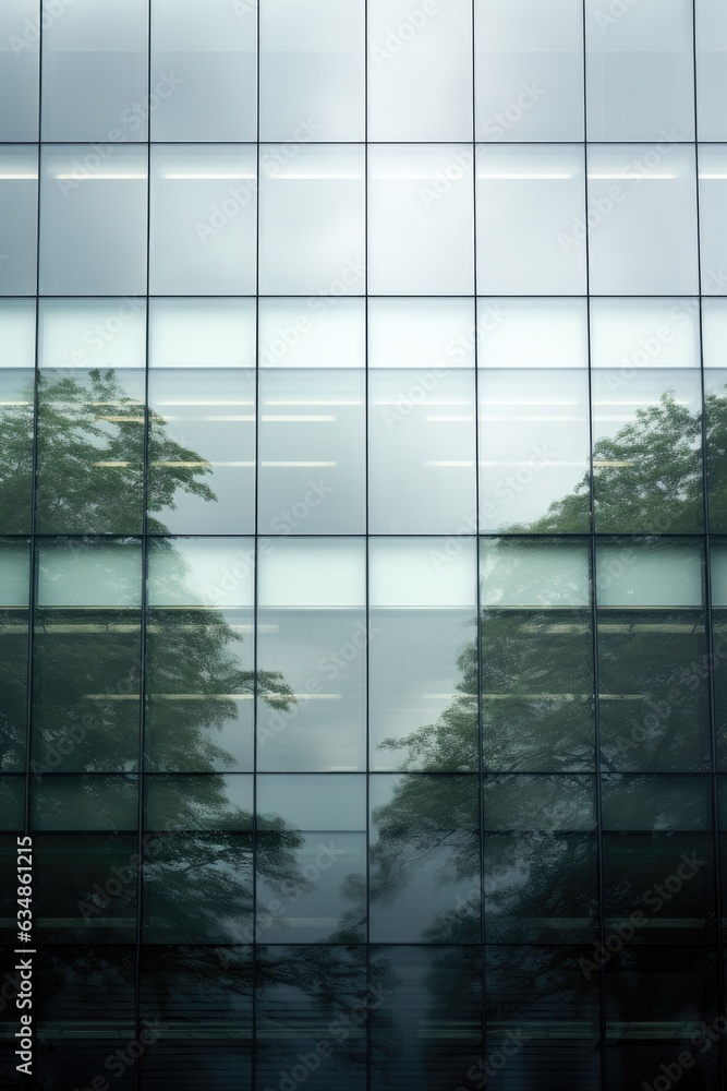 Poster a large glass building with trees in front of it. generative ai.
