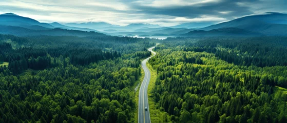 Zelfklevend Fotobehang Aerial view of a single car driving along the curvy road going through a forest and mountains. Generative AI  © Denniro
