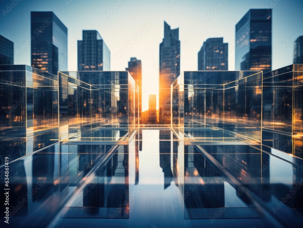 Poster a view of a city at sunset from a reflecting pool. generative ai.