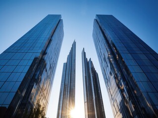 Obraz premium A group of skyscrapers with the sun shining through them. Generative AI.