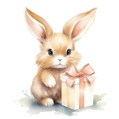 Obraz premium Cute watercolor bunny with gift box
