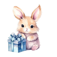 Fototapeta premium Cute watercolor bunny with gift box