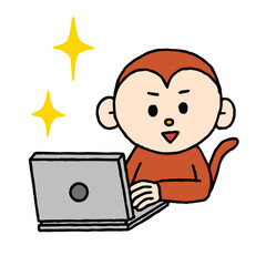 パソコン作業をするサルがキラキラしている