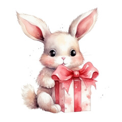 Obraz premium Cute watercolor bunny with gift box