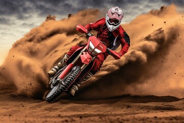 Extreme motocross MX Rider riding on dirt track. Generative AI