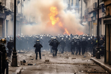Policemen Fending Off Demonstrators Amid Tear Gas - Filled Riots in the streets