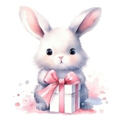 Obraz premium Cute watercolor bunny with gift box