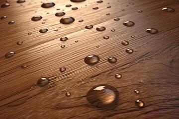 Water Drops On Wooden Table. Generative AI