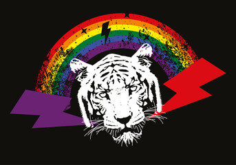 T-shirt design of a rainbow with a leopard face and two symbols of thunderbolt isolated on black. Vector illustration good for gay pride day.