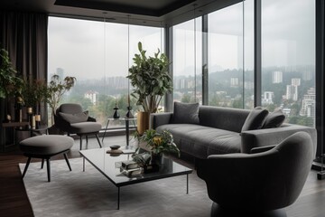 Modern room with panoramic views and minimalist design., generative IA