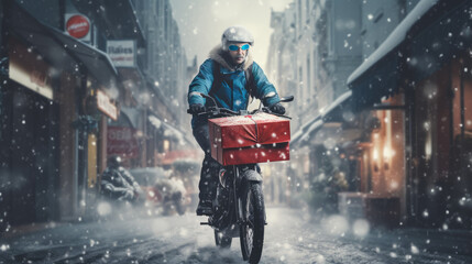 Ai generative image of food delivery man riding a bicycle on a city street with a large backpack in winter, in snowfall
